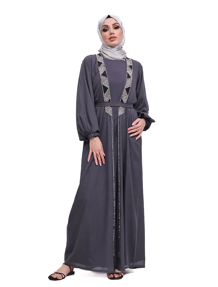 Grey 2 Piece Aztec Organza Abaya